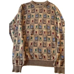 TSR Geometric Knit Sweater XL Brown Multicolor Vintage 90s Made in USA Crewneck